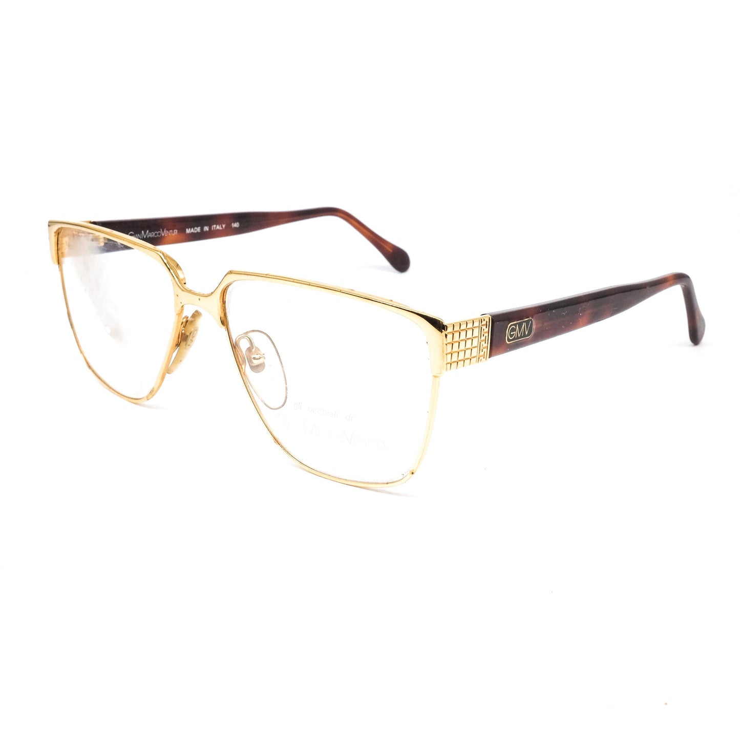 Gian Marco Venturi 215 golden brown tortoise square cello eyeglasses frames made in Italy with cut off designed hinges, NOS 1990s