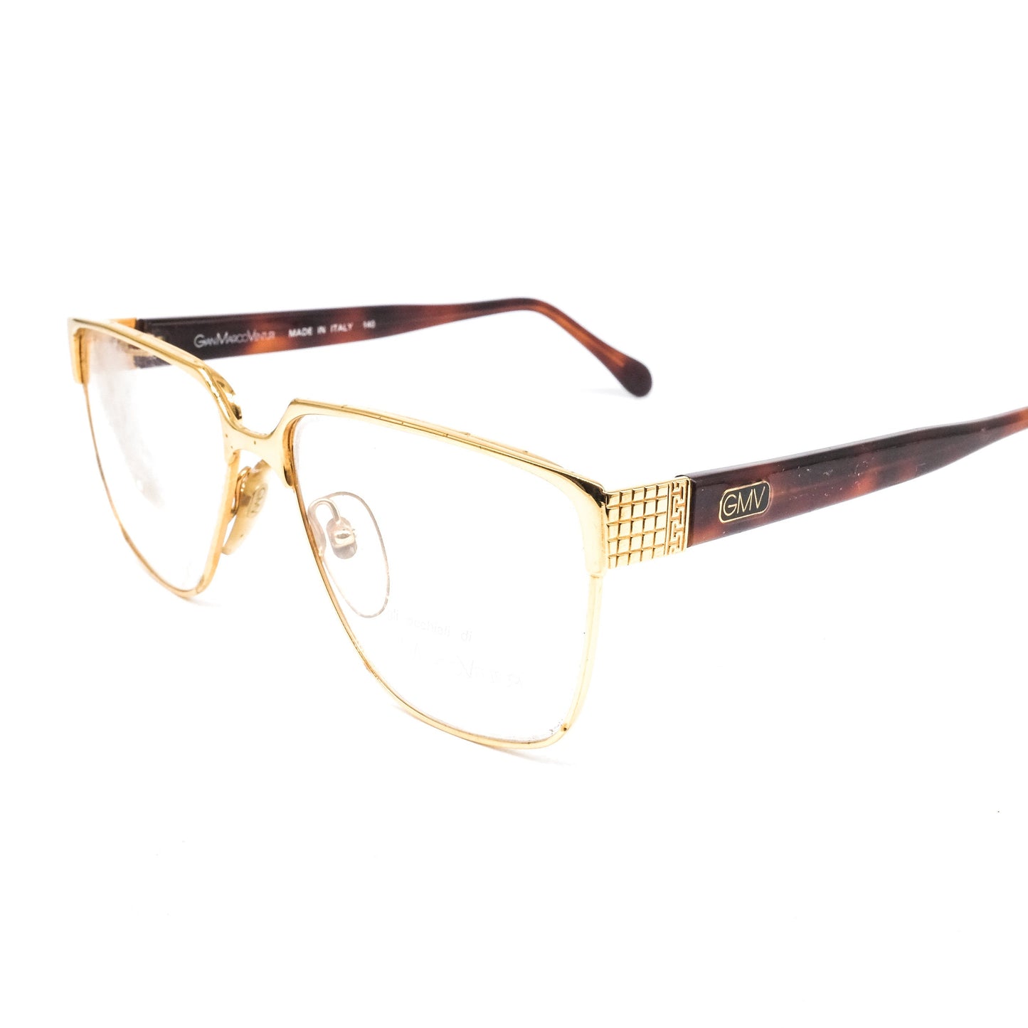 Gian Marco Venturi 215 golden brown tortoise square cello eyeglasses frames made in Italy with cut off designed hinges, NOS 1990s