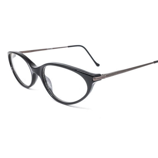 Oliver Valentino narrow cateye eyeglasses frames in black/gunmetal cello w/ minimal design, NoS 80s