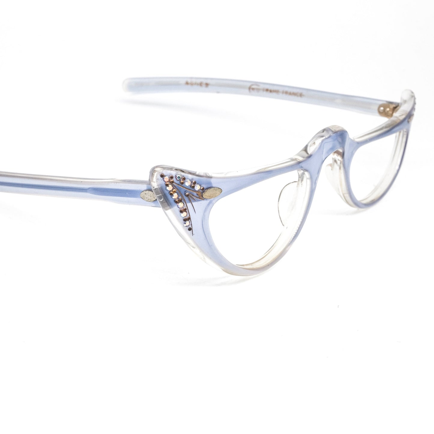 Vintage Agnes half moon light blue eyeglasses frames enriched with rhinestones, 80s France NOS