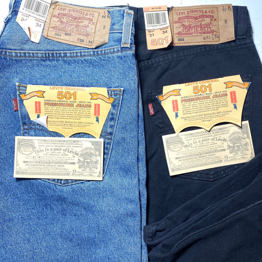Levi’s 501 NOS classic blue or black jeans, 90s new with tags, made in USA sizes 32, 33, 34