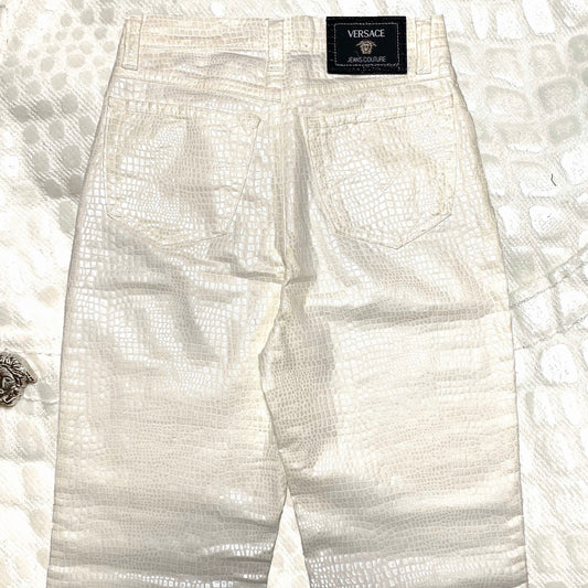 Versace Jeans Couture white cotton trousers with pearl alligator print allover, size 27/41 , 90s Italy mint condition