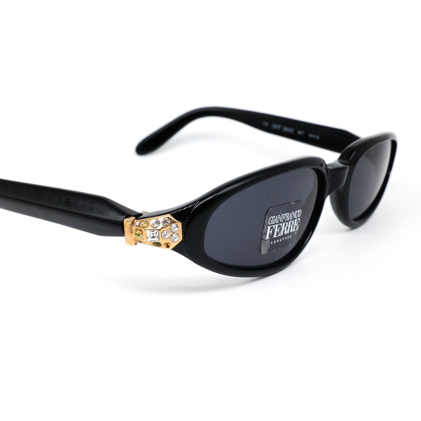 Gianfranco Ferrè GFF 344 black acetate narrow sunglasses with golden metallic details enriched with rhinestones NOS 1990s Italy.