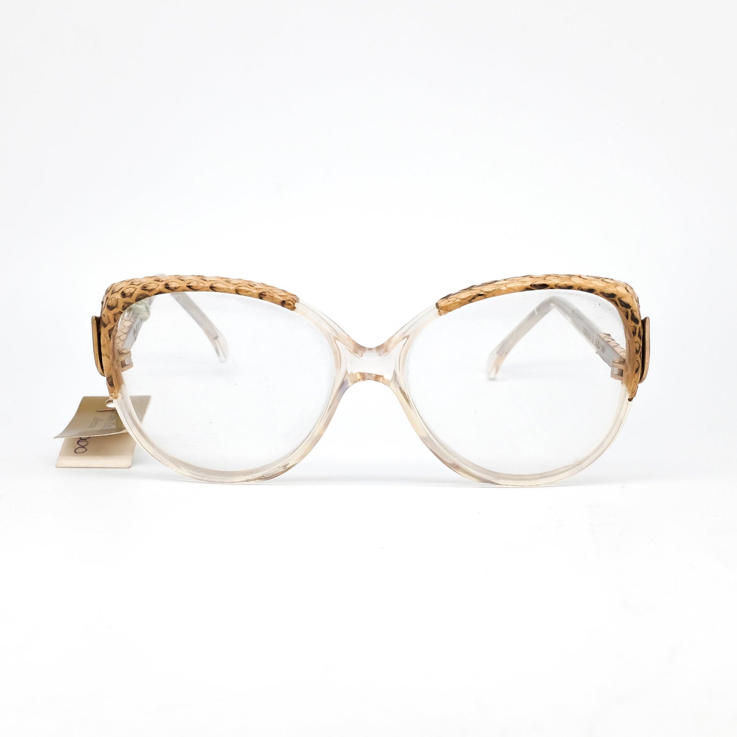 Maxim's de Paris rare clear acetate cateye eyeglasses frames with trimmed leather details. 80s NOS