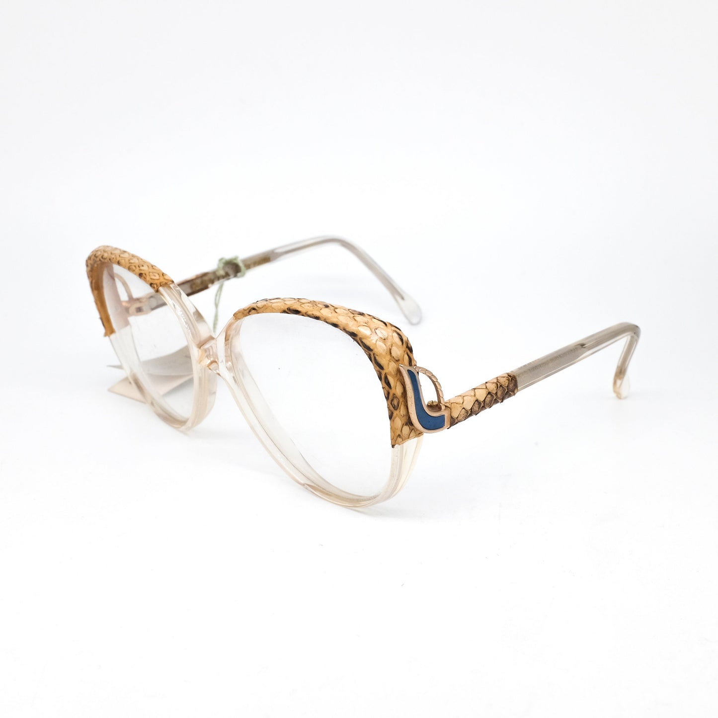 Maxim's de Paris rare clear acetate cateye eyeglasses frames with trimmed leather details. 80s NOS