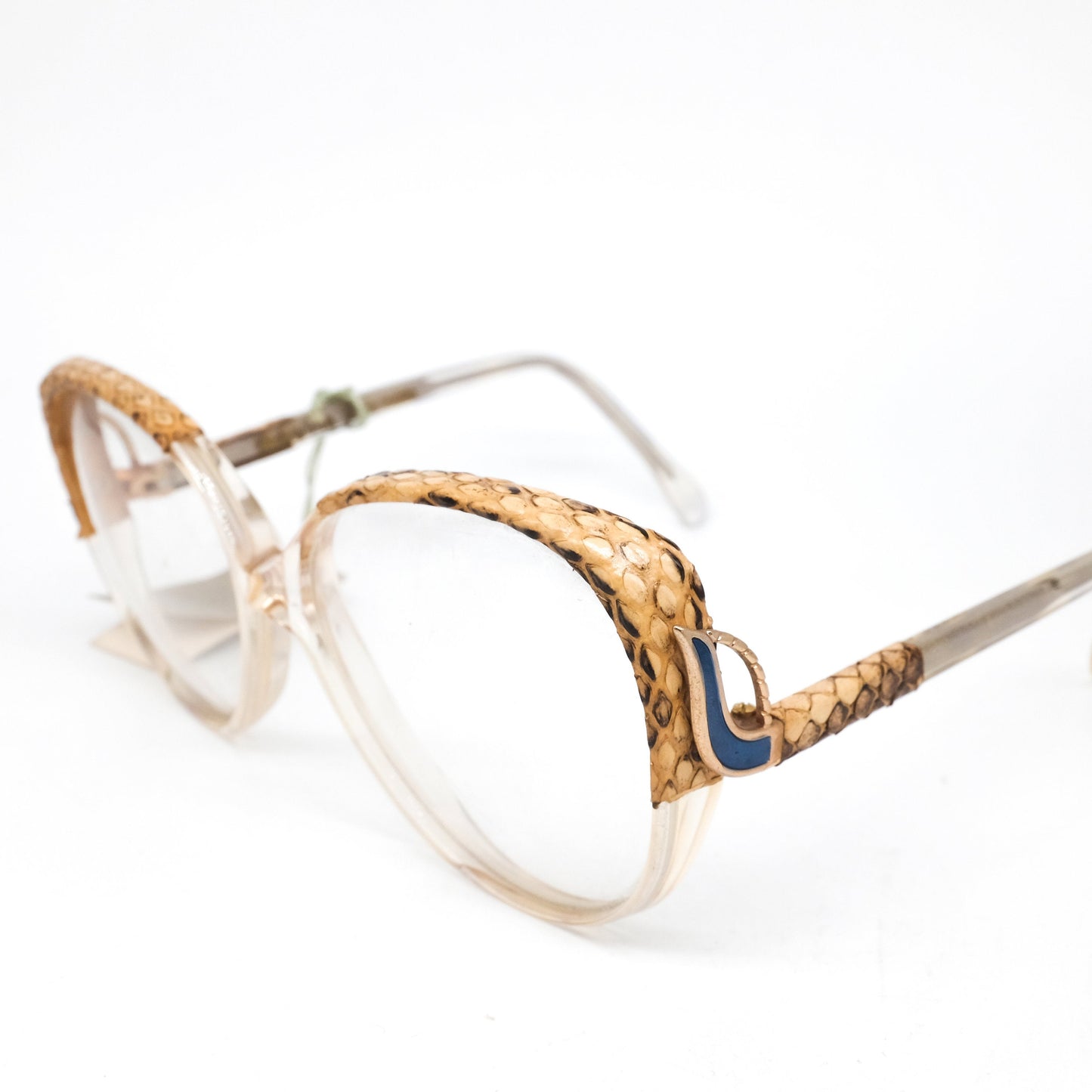 Maxim's de Paris rare clear acetate cateye eyeglasses frames with trimmed leather details. 80s NOS