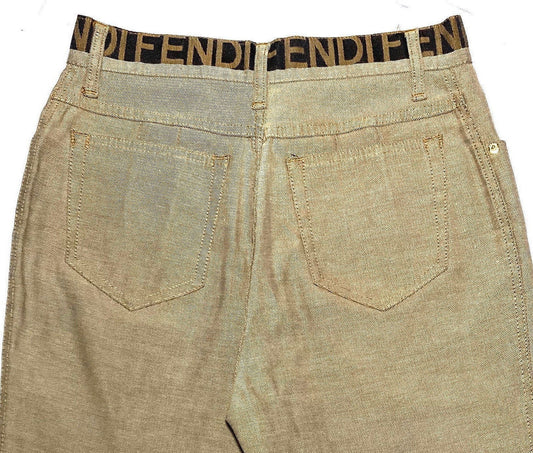 Fendi unisex vintage beige trousers with jacquard signature waistband, mint condition size 45 ITA W 31