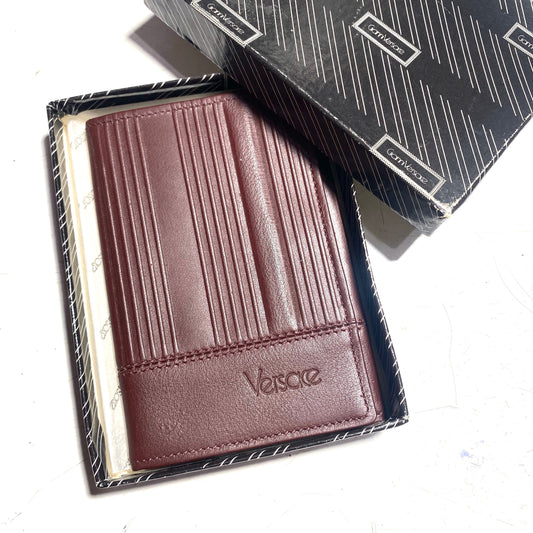 Gianni Versace 80s NOS burgundy leather wallet / document holder, new in box, minty