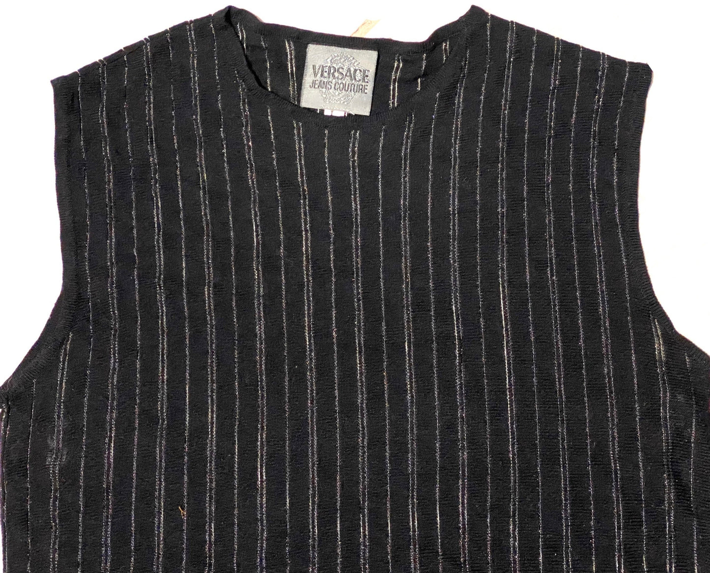 Versace Jeans couture black see through pinstripe tank top, sz M, 90s mint condition.