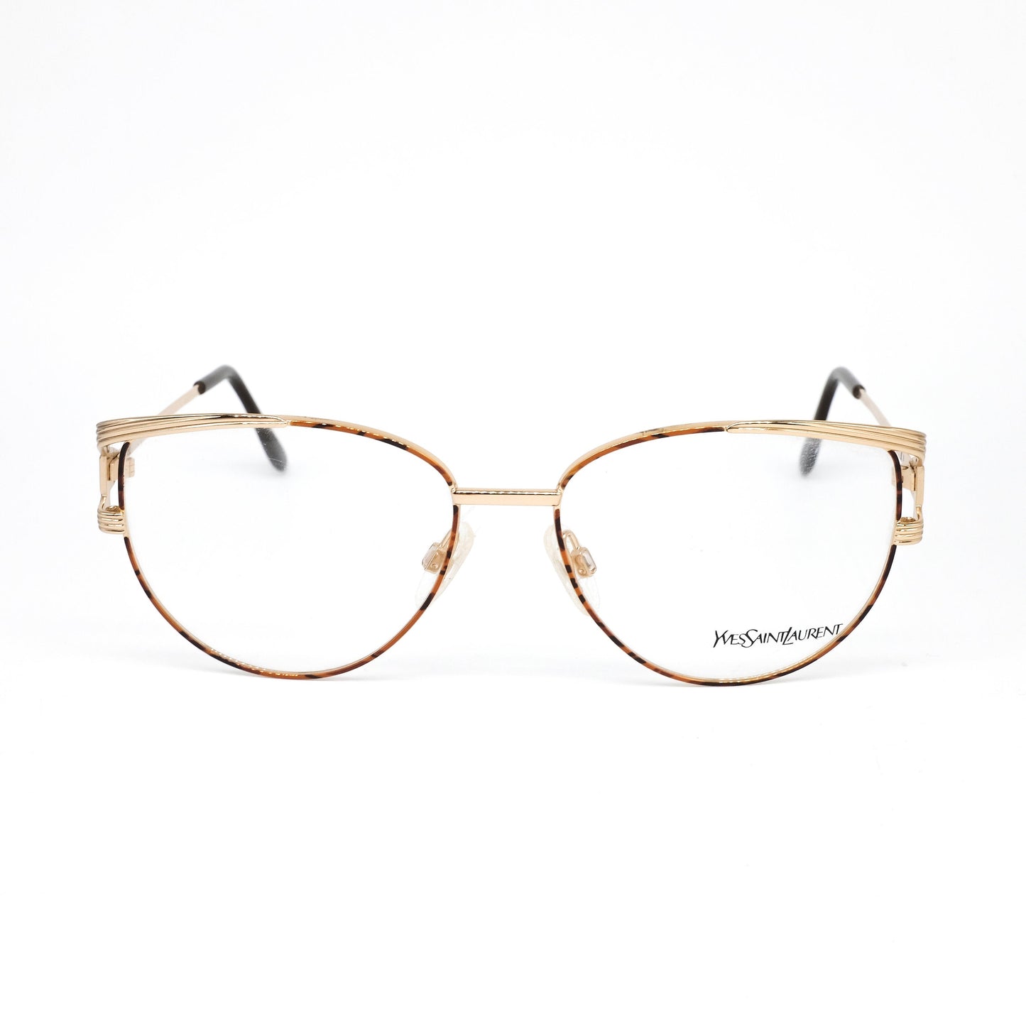 YSL Saint Laurent y106 golden metallic cateye eyeglasses frames with bold brown tortoise temples.