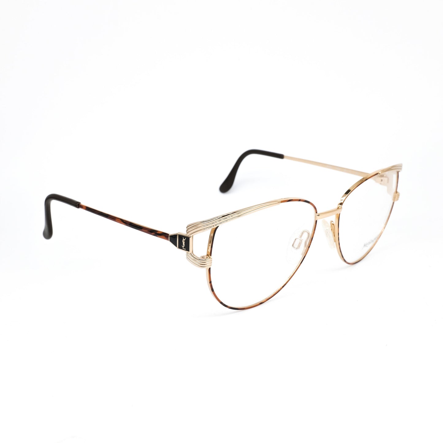 YSL Saint Laurent y106 golden metallic cateye eyeglasses frames with bold brown tortoise temples.