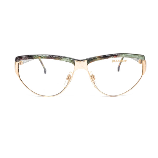 Jil Sander satin gold cateye eyeglasses frames with greenish tortoise browline and temples, Italy 80s NOS