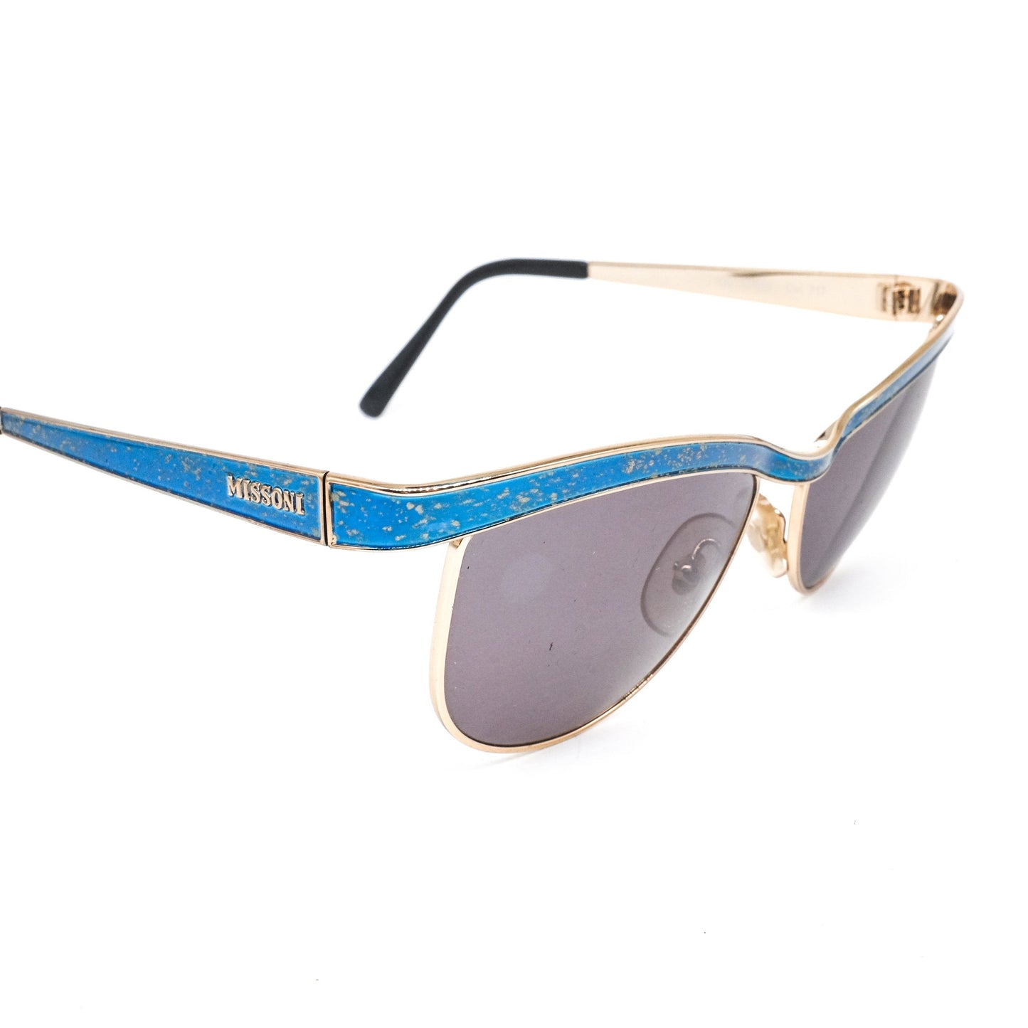 Missoni metallic cateye sunglasses with thick blue browline crafted in satin gold. 90s NOS Italy