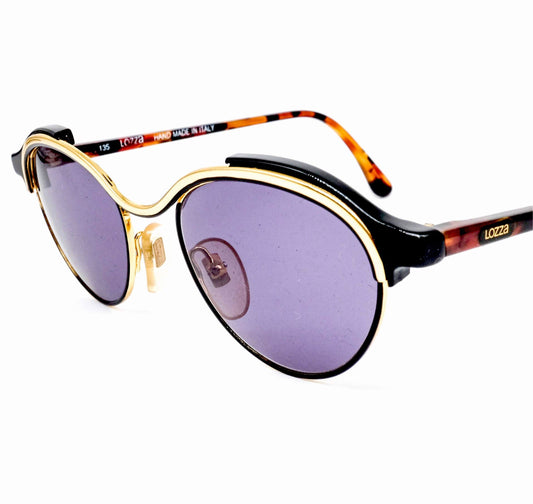 Lozza Japan 866 round black/ gold cello/metal sunglasse and brown tortoise temples. 80s NOS Italy