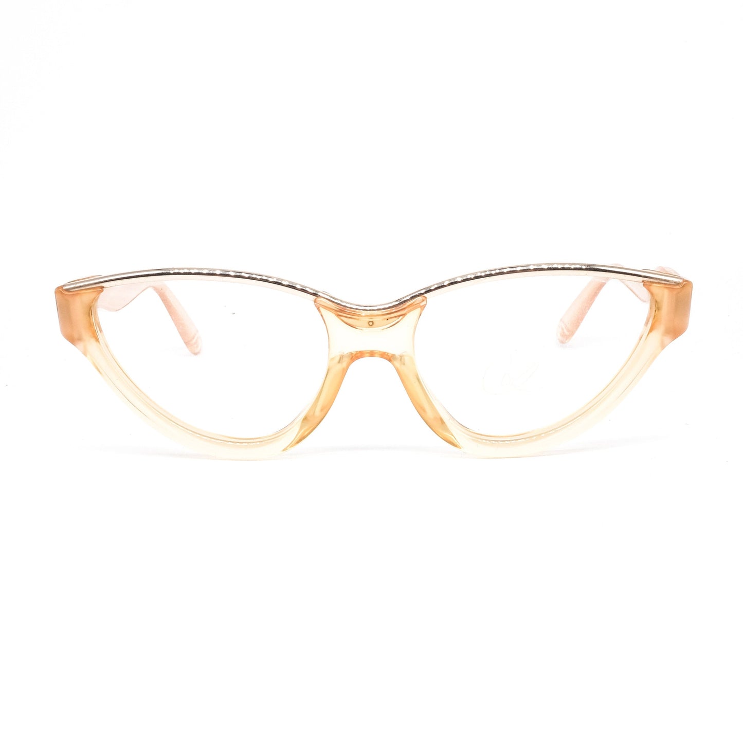 Christian Lacroix vintage translucent orange acetate cateye eyeglasses with shiny gold browline and special wavy temples, 80s nos Germany