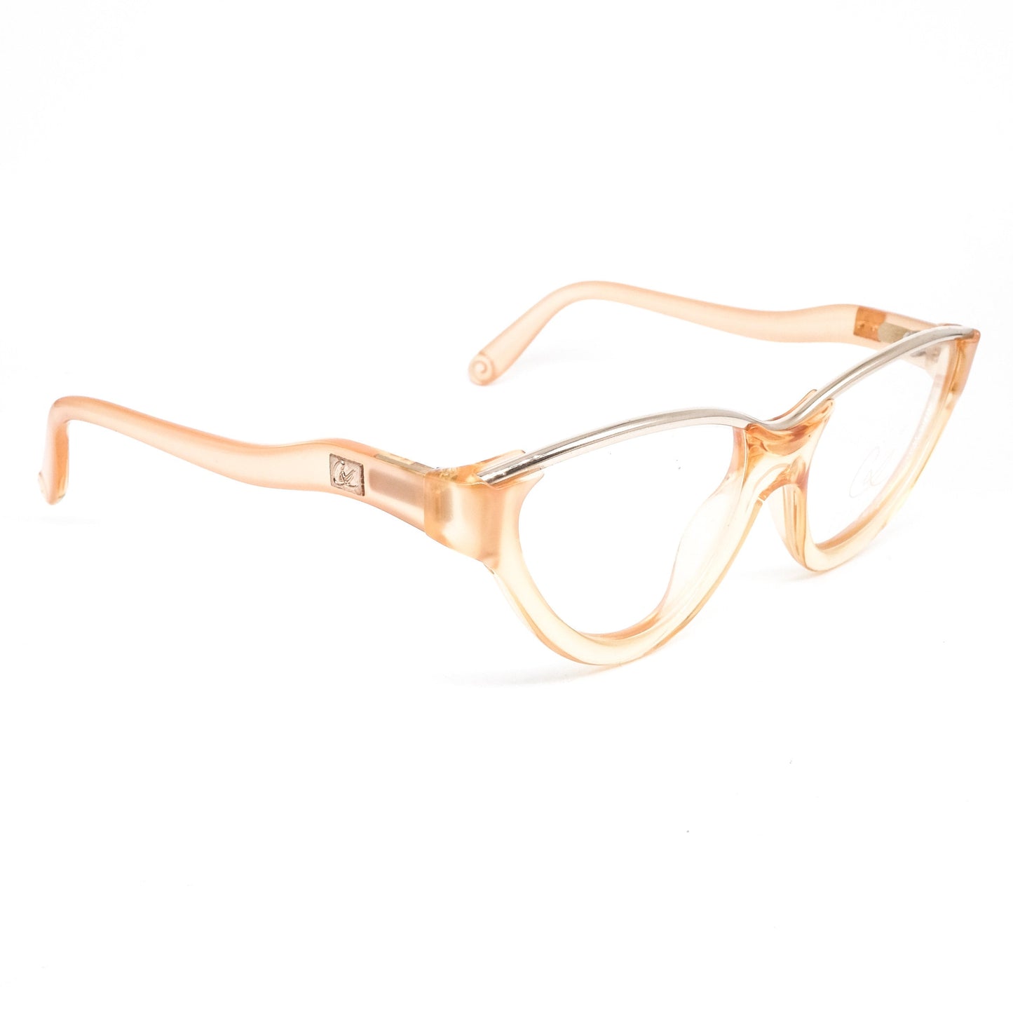 Christian Lacroix vintage translucent orange acetate cateye eyeglasses with shiny gold browline and special wavy temples, 80s nos Germany