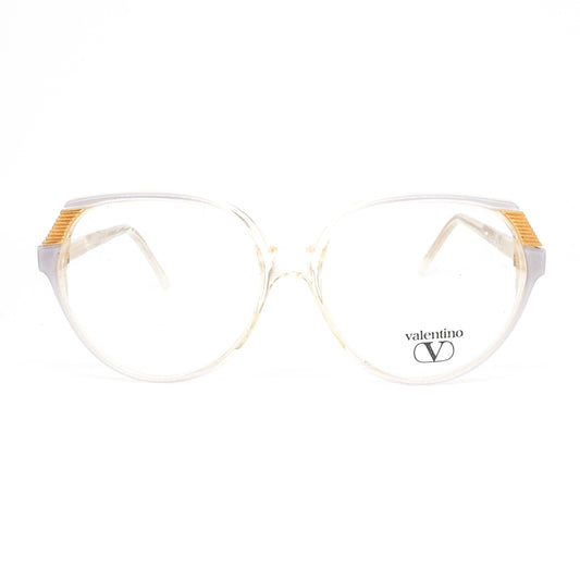 Valentino 018 Oversized round butterfly pearl white eyeglasses frames with golden details, 1980s NOS Italy