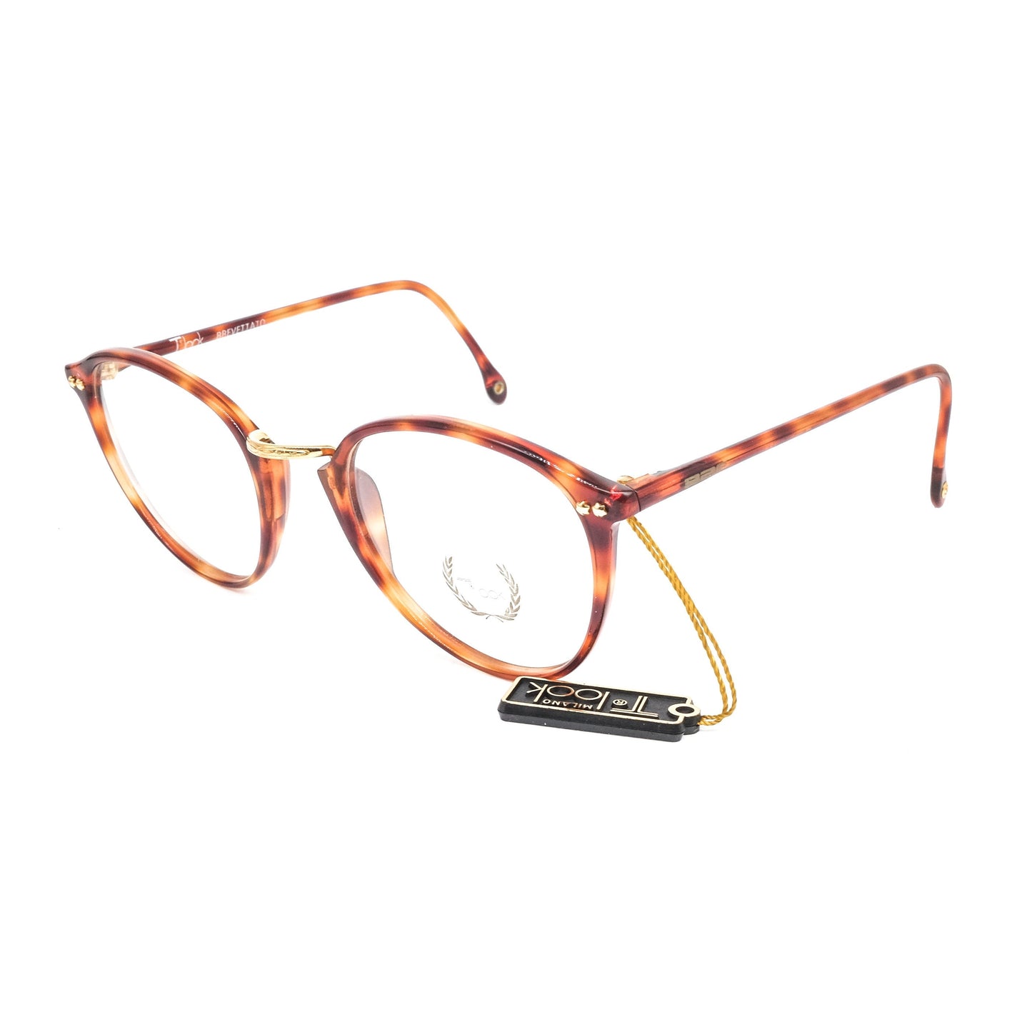 T look brown tortoise acetate wayfarer style eyeglasses frames with golden nose bridge made in italy, 1980s nos