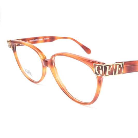 Gianfranco Ferré gff106 oval round brown tortoise eyeglasses frames with huge branding details hand made in Italy, 1980s nos