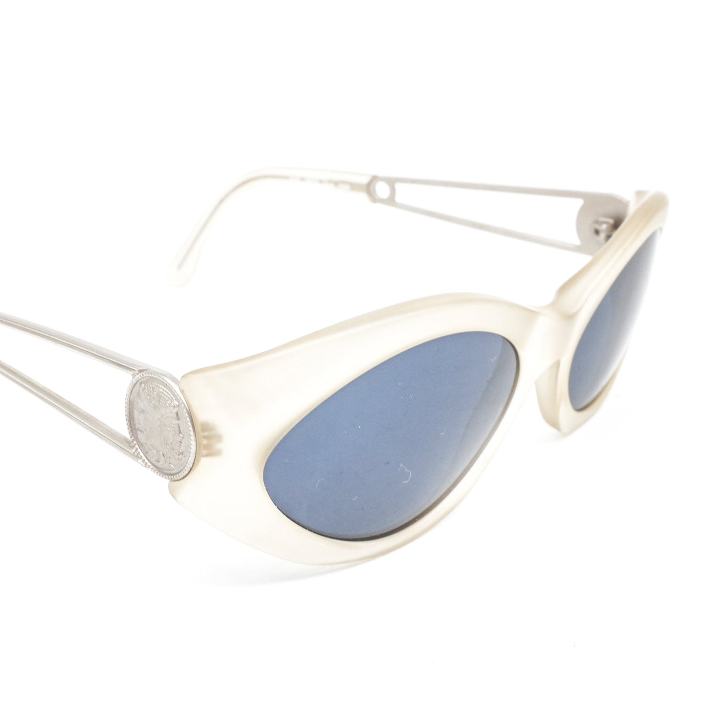 Fendi 302 clear - silver cateye sunglasses w safety pin & Roman coin temples design, NOS Italy 80s