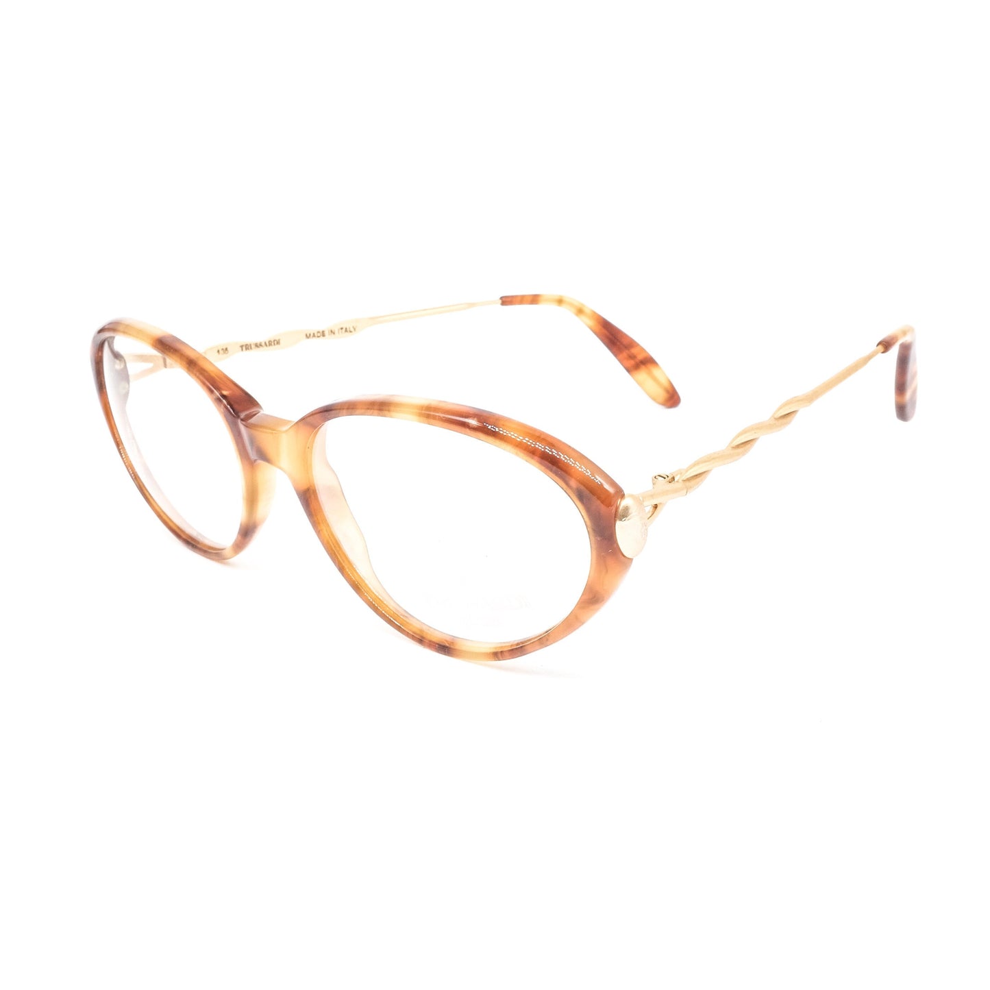 Trussardi 235 brown tortoise slim acetate cateye eyeglasses with rope temple desig, 80s nos Italy