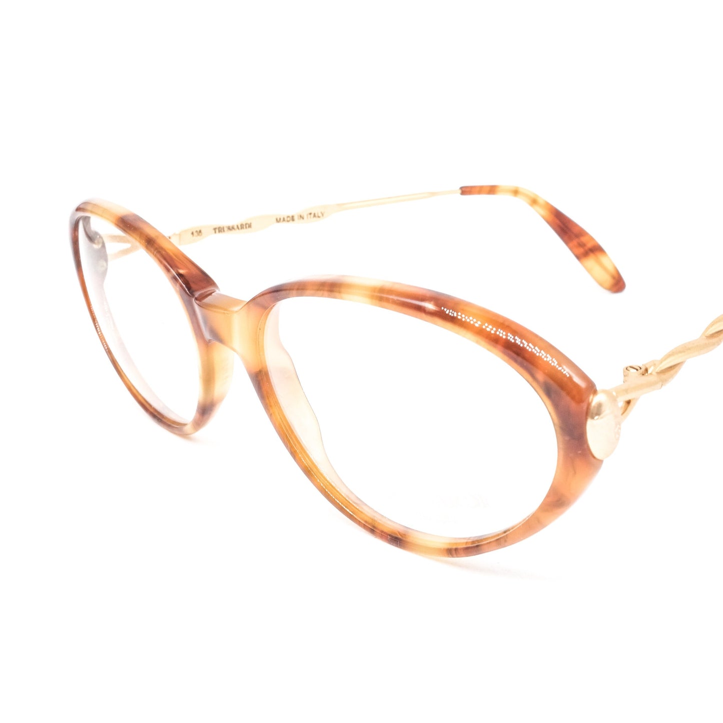 Trussardi 235 brown tortoise slim acetate cateye eyeglasses with rope temple desig, 80s nos Italy