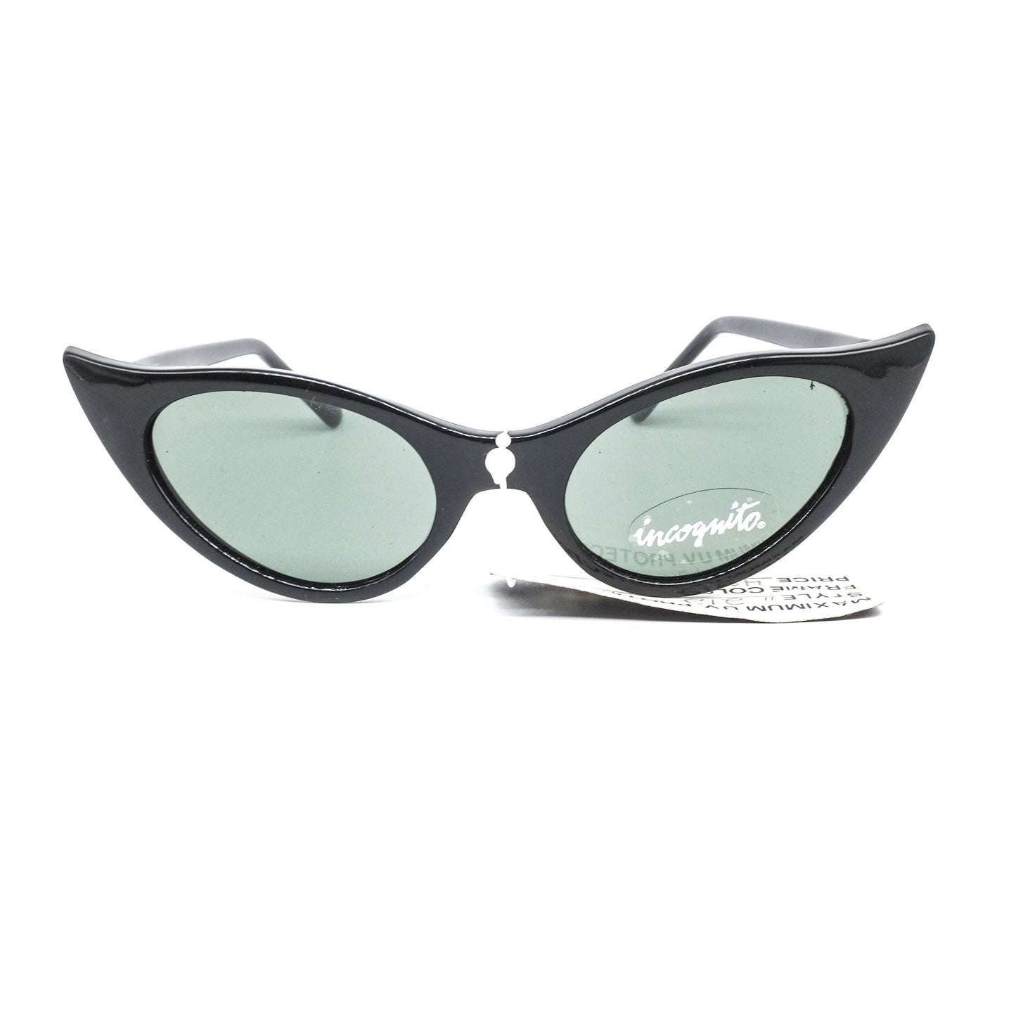 Incognito black bat style cateye sunglasses with dark greenish lenses. 80s NOS