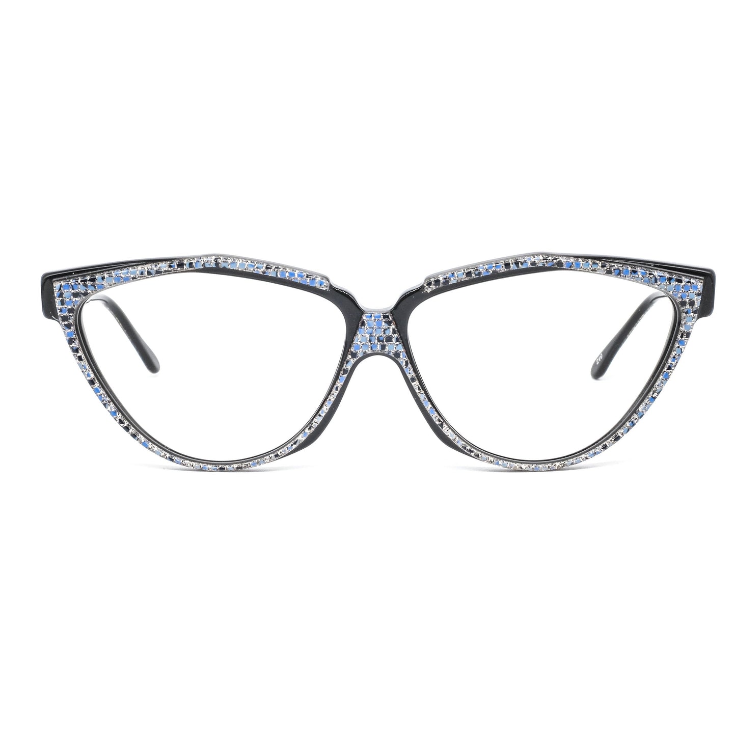 Jean-Louis Scherrer Paris black acetate cat eye eyeglasses with blue tile coated rim and temples. 90s NOS France