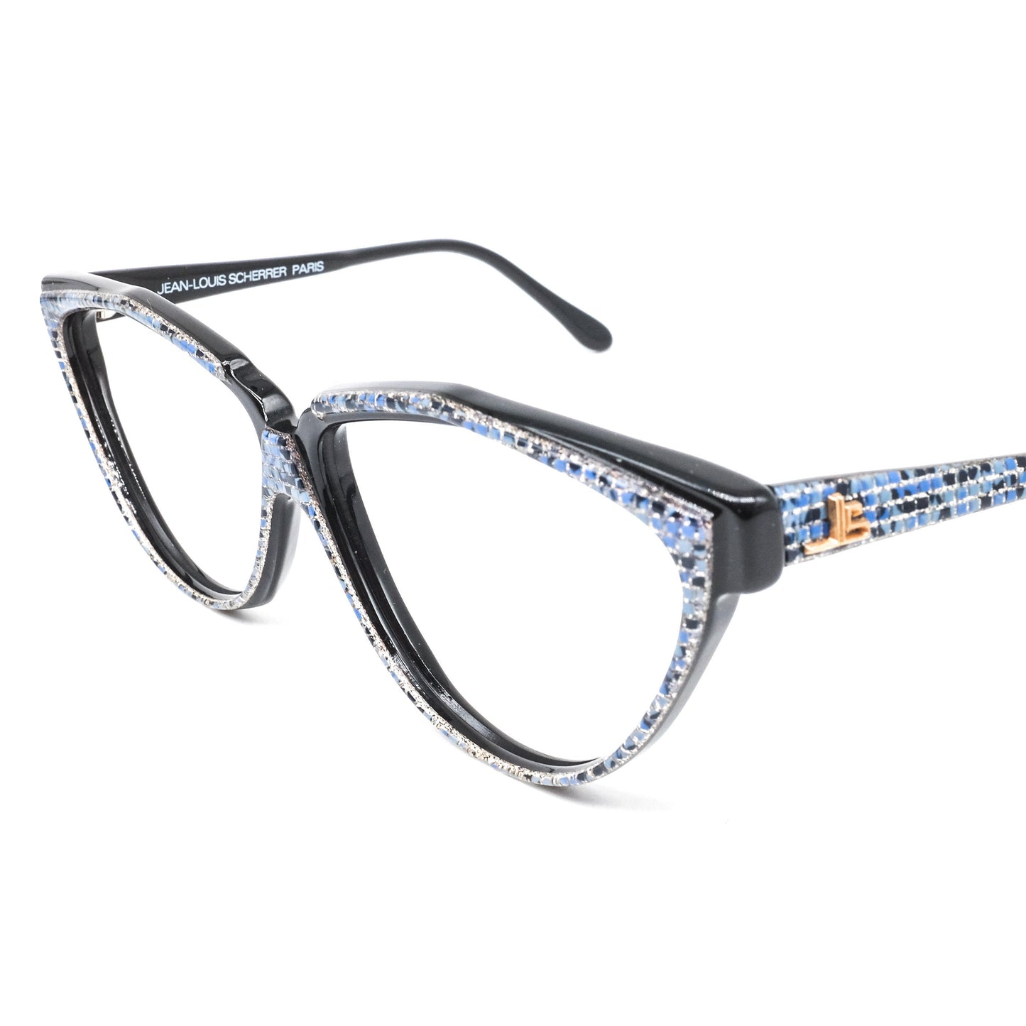 Jean-Louis Scherrer Paris black acetate cat eye eyeglasses with blue tile coated rim and temples. 90s NOS France