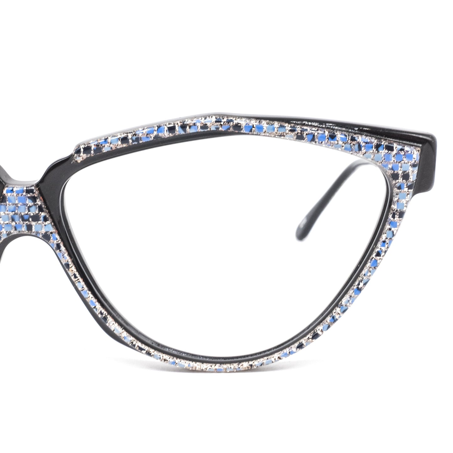 Jean-Louis Scherrer Paris black acetate cat eye eyeglasses with blue tile coated rim and temples. 90s NOS France