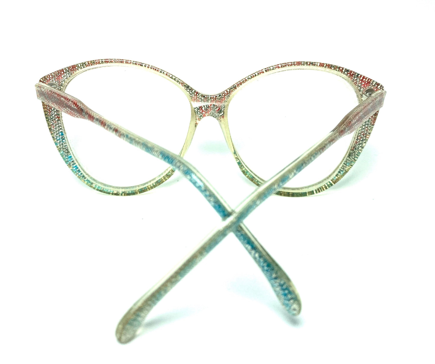 Missoni M5 iconic colorful zig zag knit eyeglasses, clear Cateye oversized shape showing the inlaid jacquard fabric, new old stock 80s