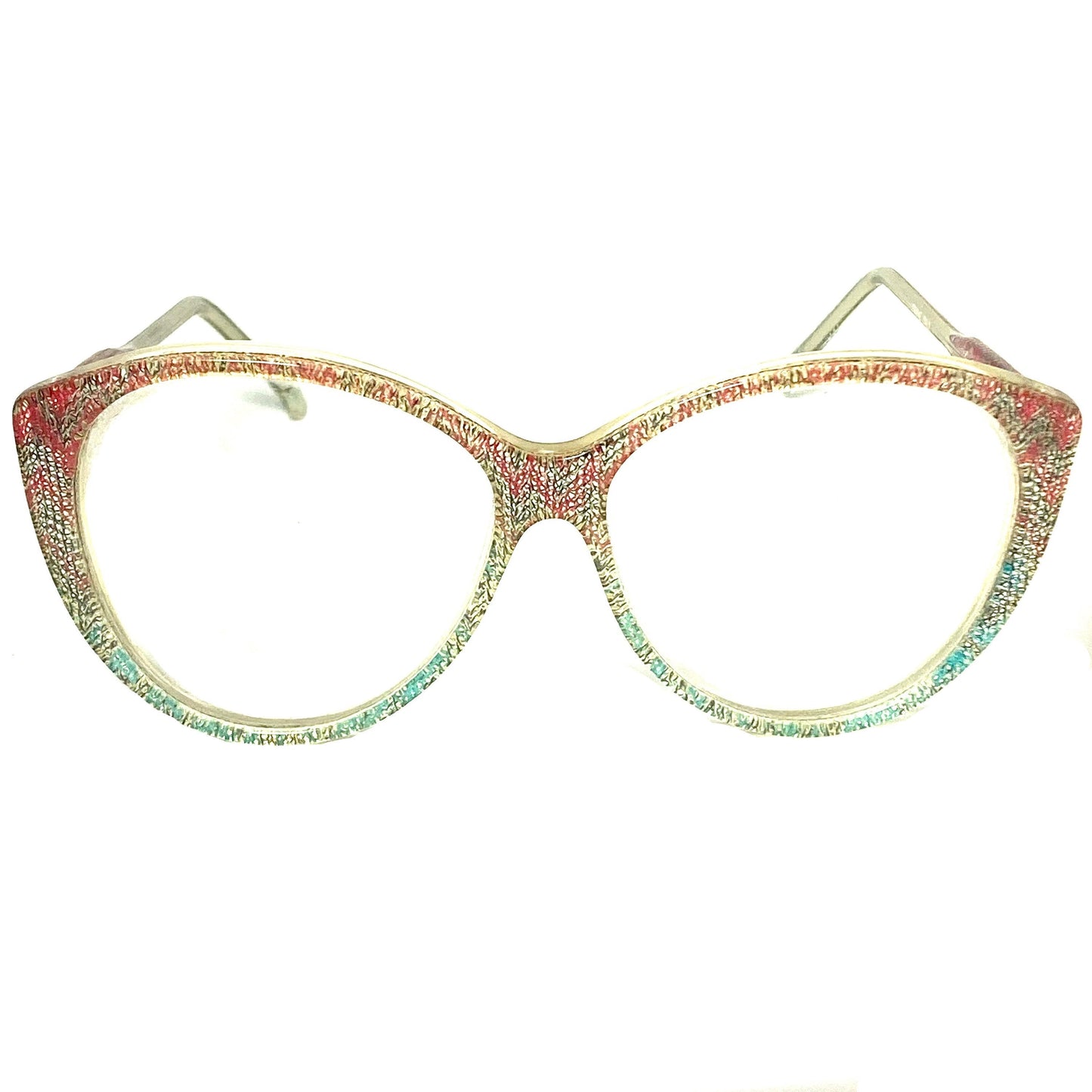 Missoni M5 iconic colorful zig zag knit eyeglasses, clear Cateye oversized shape showing the inlaid jacquard fabric, new old stock 80s