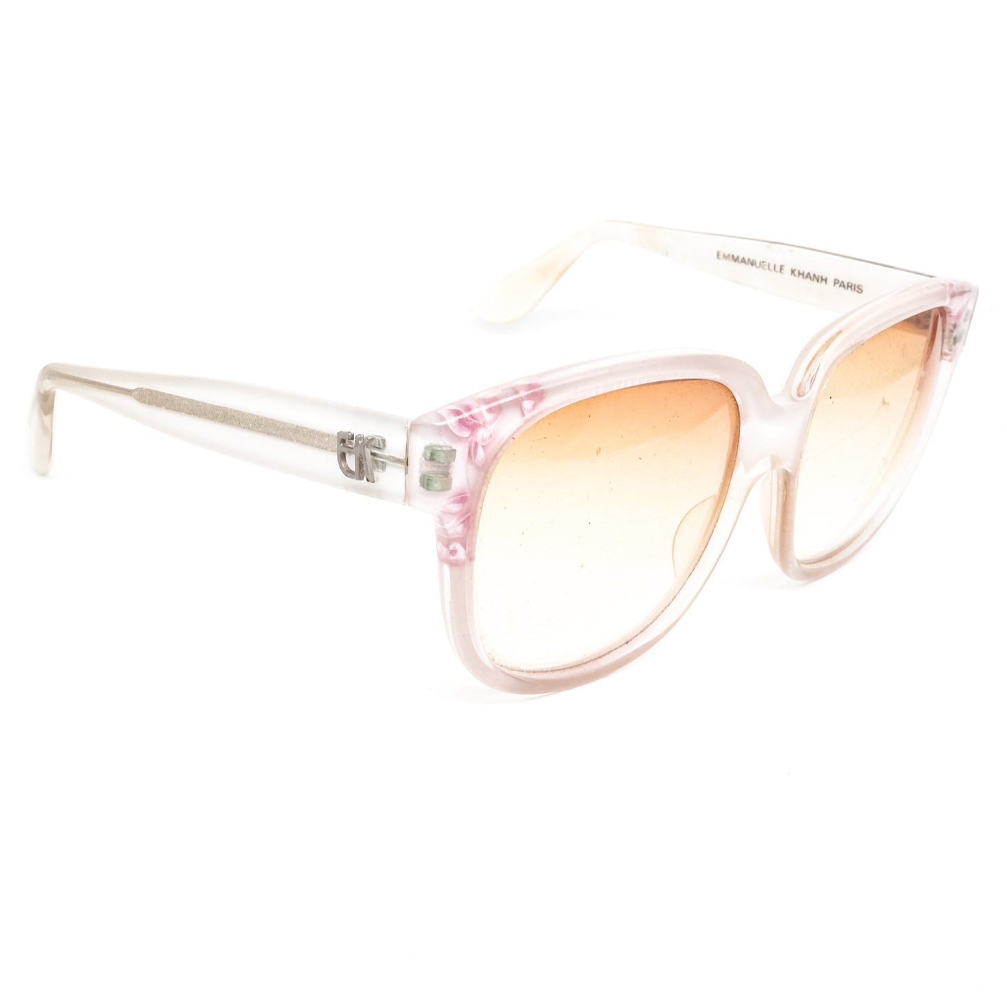 Emmanuelle Khanh vintage artistic square sunglasses in white clear acetate with cherry blossom details Made in France