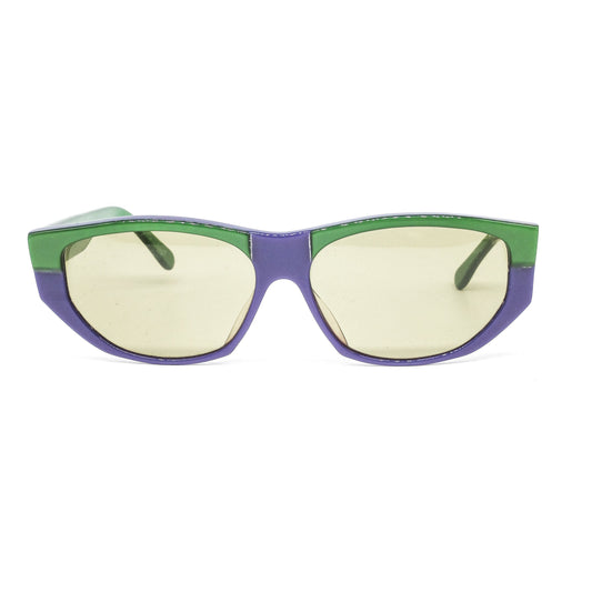 Fiorucci Metalflex unusual green purple acetate sunglasses with light green lenses, 1960s NOs