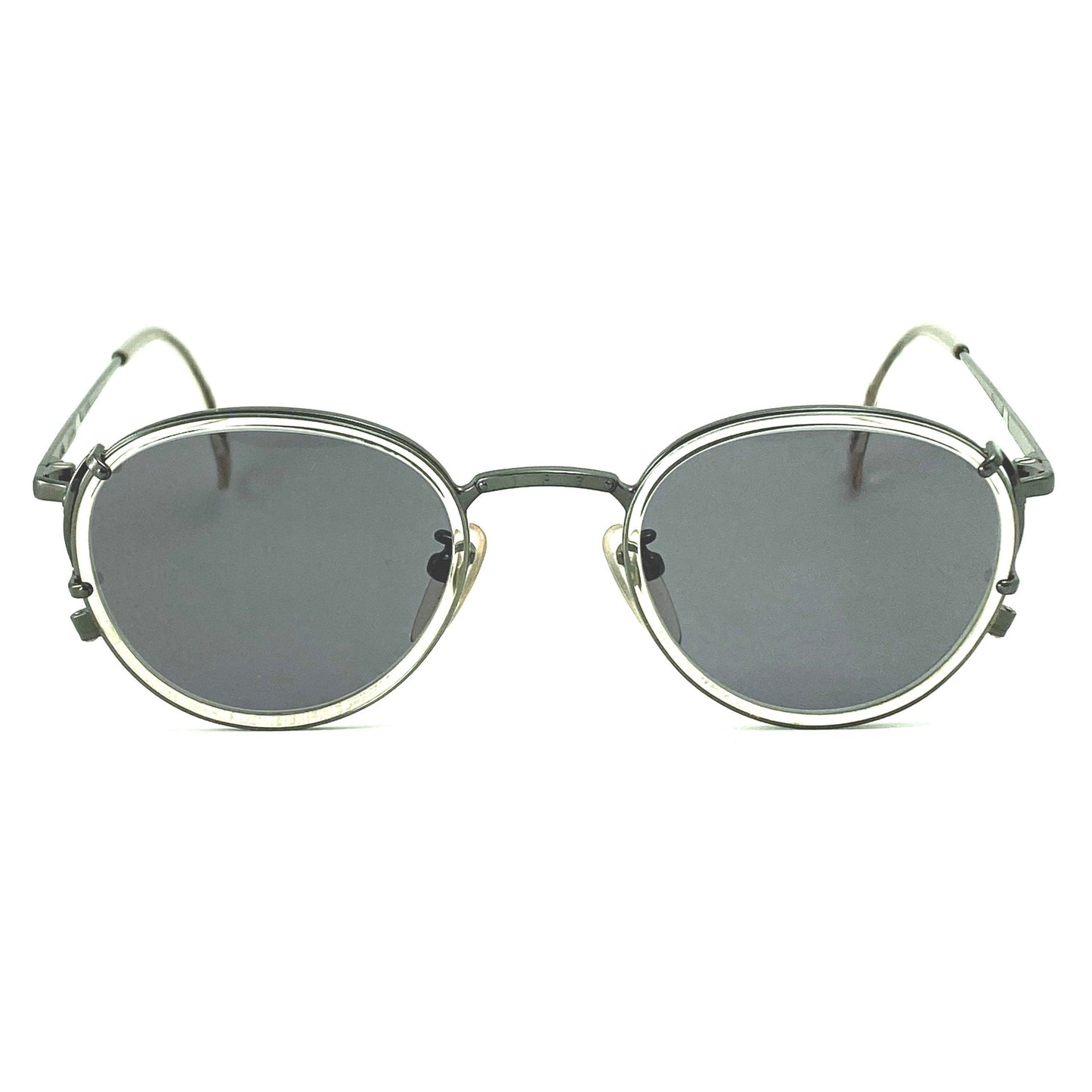 Jean Paul Gaultier 55-3271 round steampunk sunglasses with clear rims, new old stock 90s mint