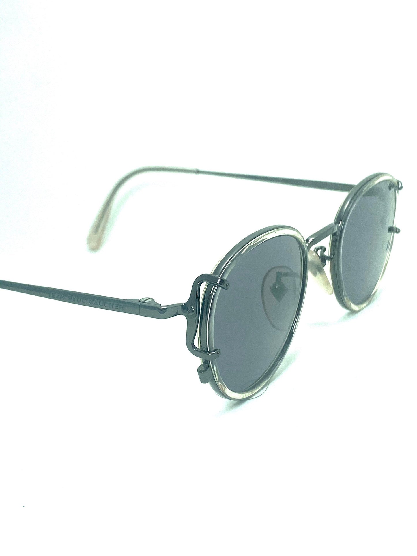 Jean Paul Gaultier 55-3271 round steampunk sunglasses with clear rims, new old stock 90s mint