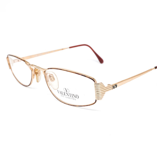 Valentino V374 golden metallic narrow square eyeglasses frames with carved details. NOS 90s Italy