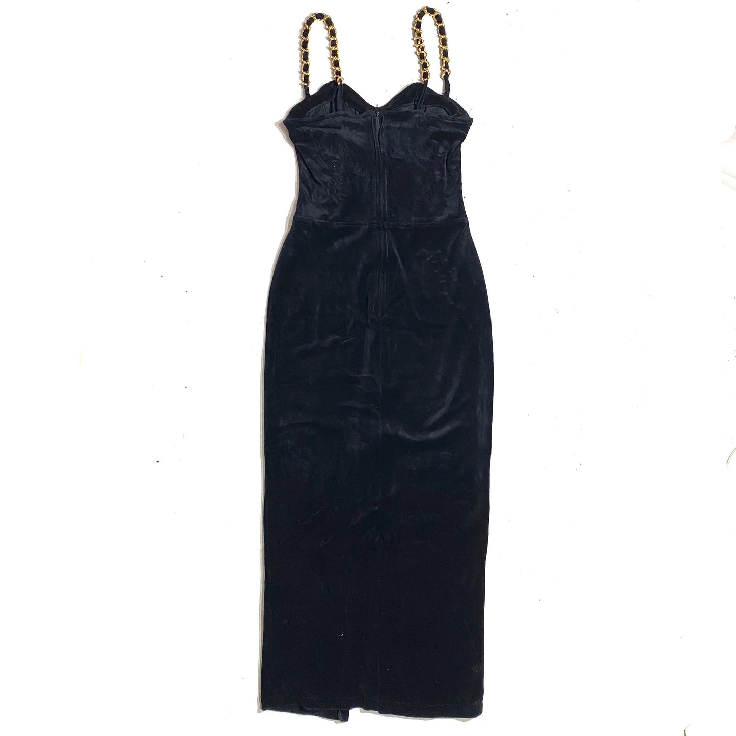 One of a kind hand tailored black velvet & golden chains dress, mint condition 1980s ITA size S