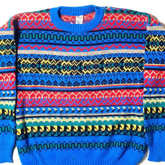 Borckenstein bright primary multicolor geometrical allover knitted sweater made in Austria, 1990s NOS