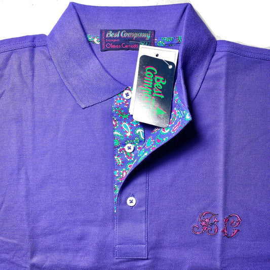 Best Company 80s lilac/violet polo shirt with paisley buttonline and embroidered logo, NWT