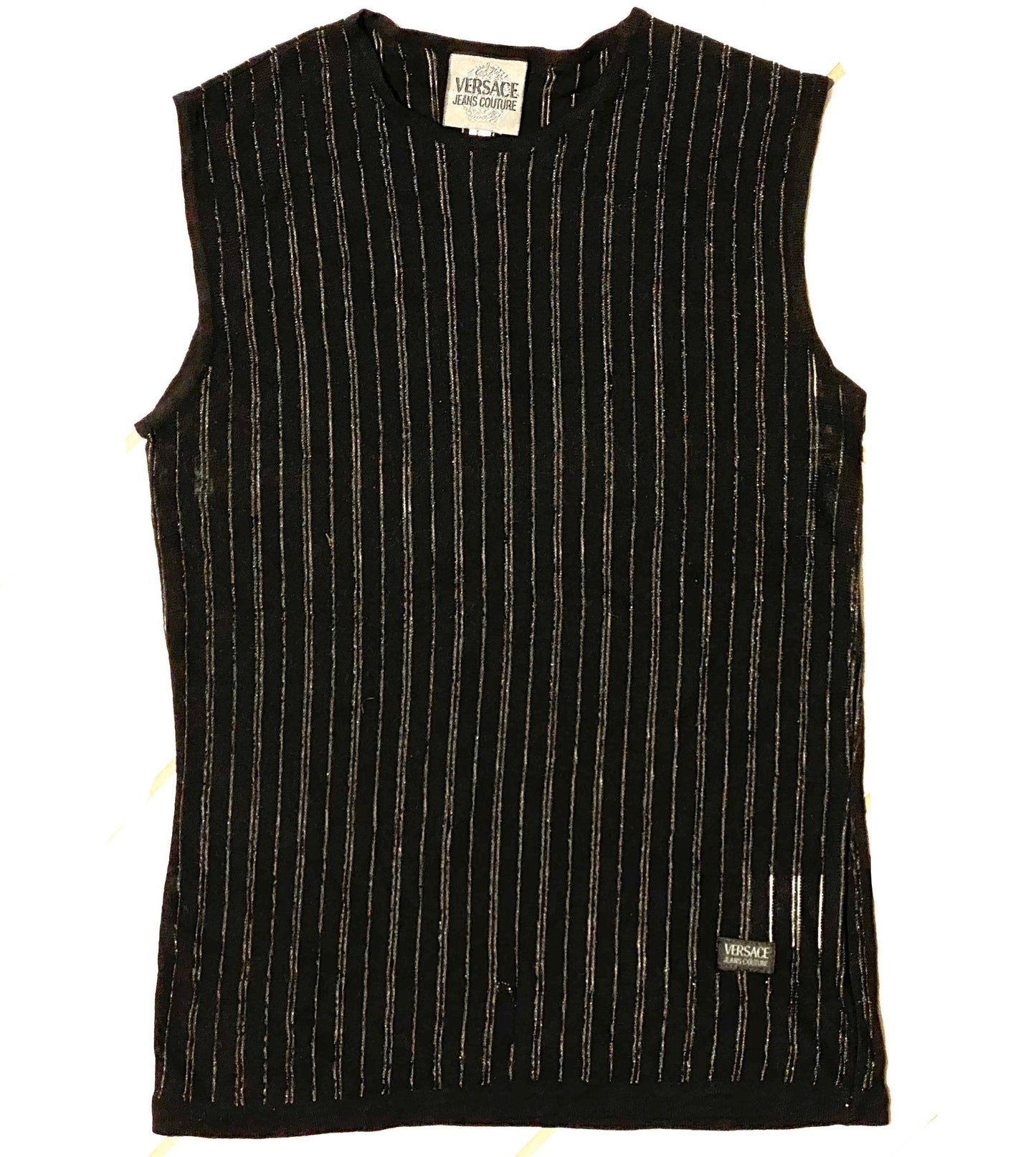 Versace Jeans couture black see through pinstripe tank top, sz M, 90s mint condition.