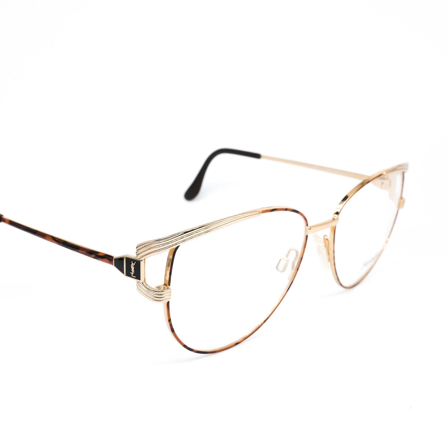 YSL Saint Laurent y106 golden metallic cateye eyeglasses frames with bold brown tortoise temples.