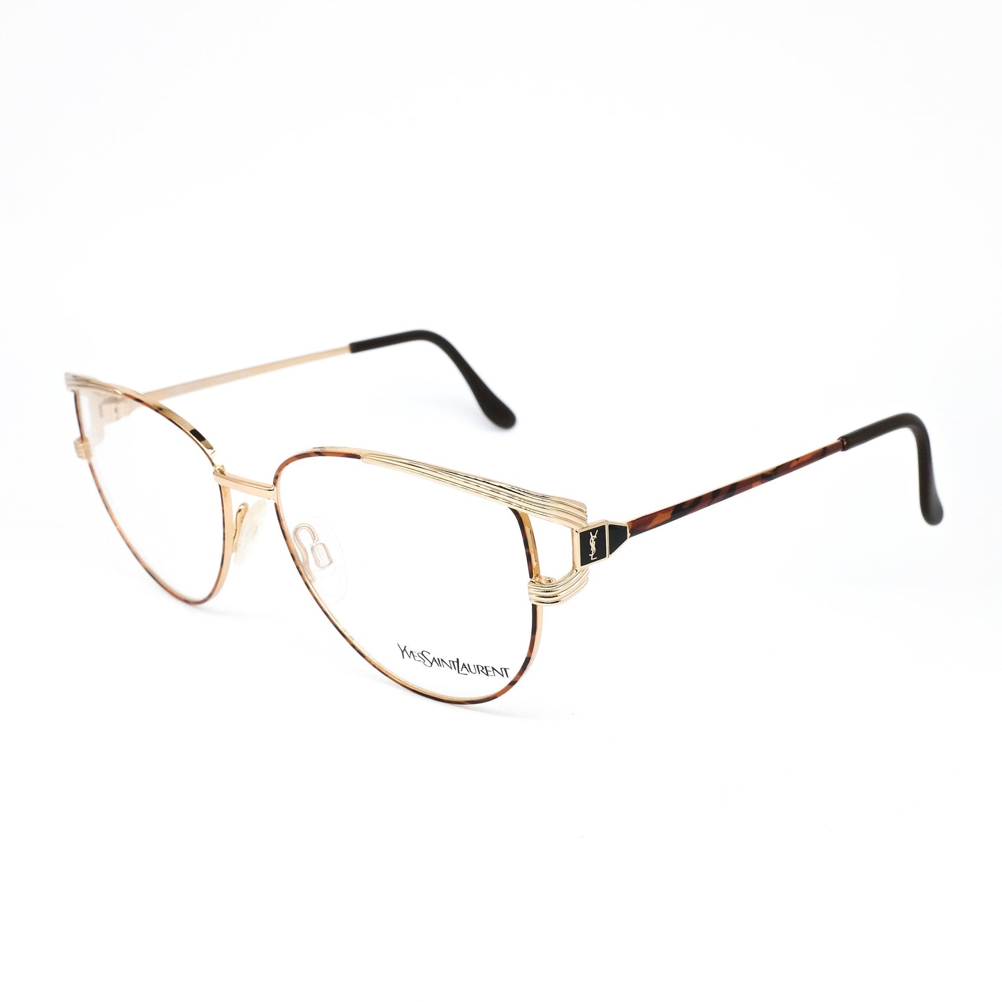 YSL Saint Laurent y106 golden metallic cateye eyeglasses frames with bold brown tortoise temples.