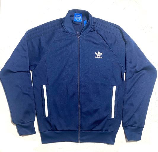 Adidas 90s navy deep blue tracktop jacket with white pocket strips and chest logo, perforated jersey fabric, minty