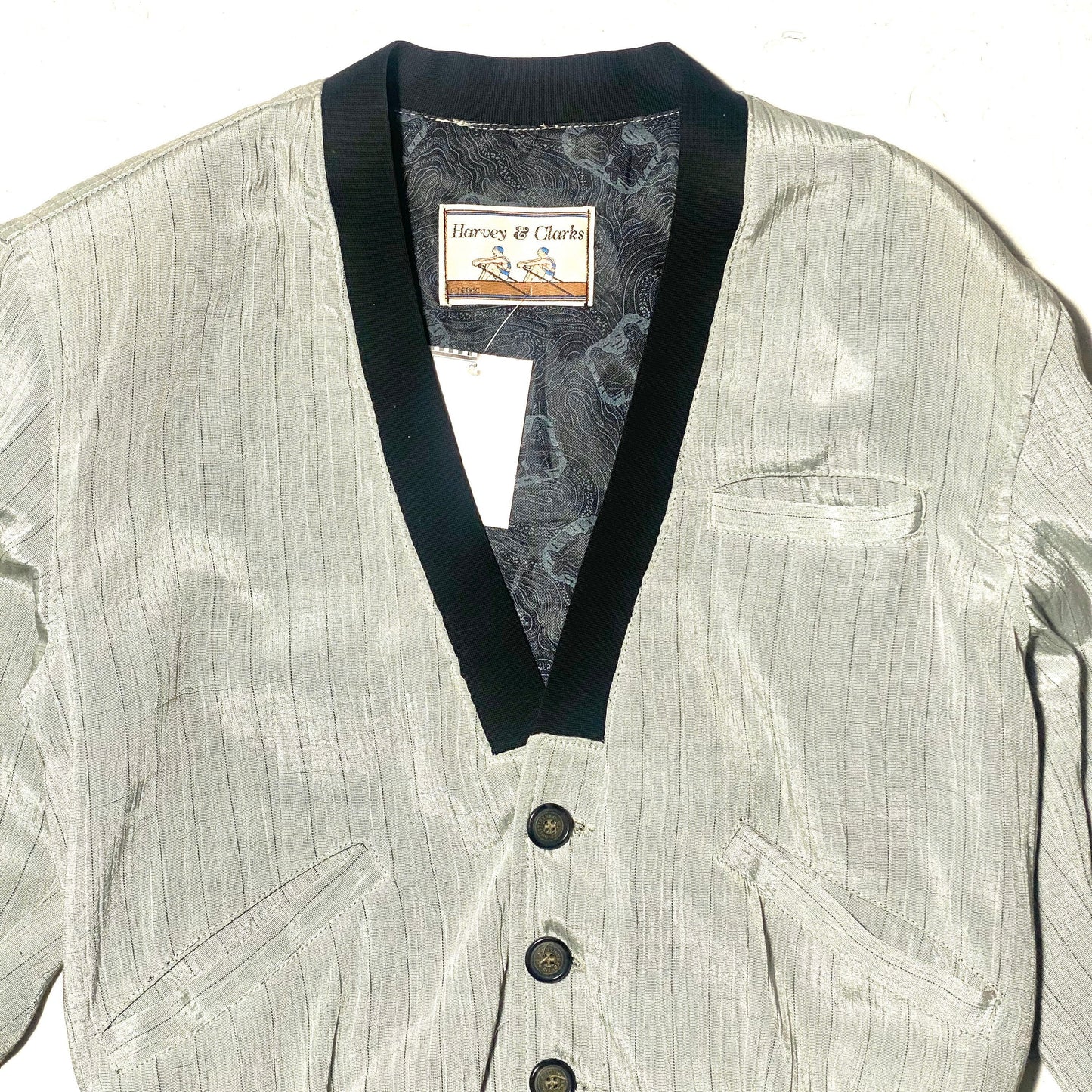 Harvey & Clarks finest satin light grey pinstripe blazer/cardigan, unusual piece, 1980s Italy NOS