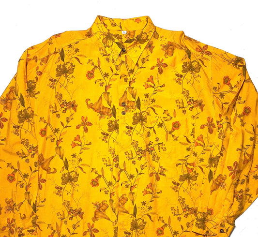 Boho botanical print orange viscose shirt, 1980s new old stock