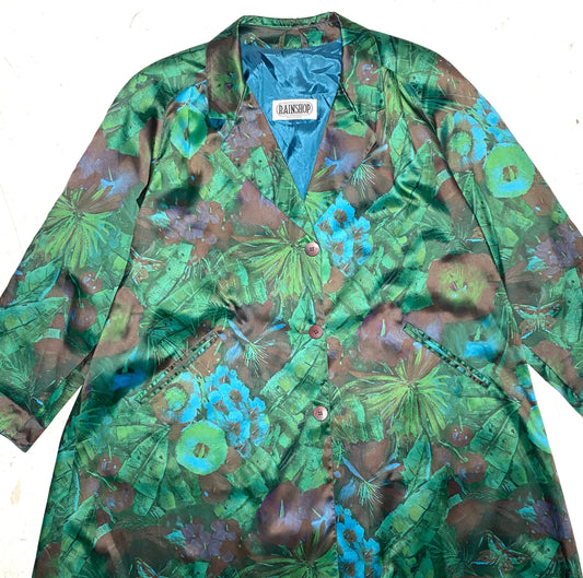 RainShop satin green floral / plants allover print rain trenchcoat, very light and fresh, Italy 90s Mint
