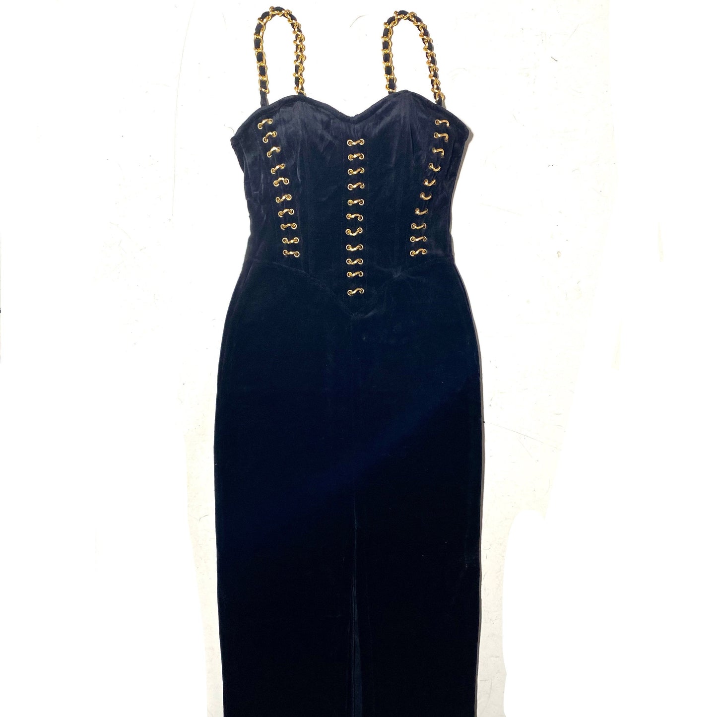 One of a kind hand tailored black velvet & golden chains dress, mint condition 1980s ITA size S