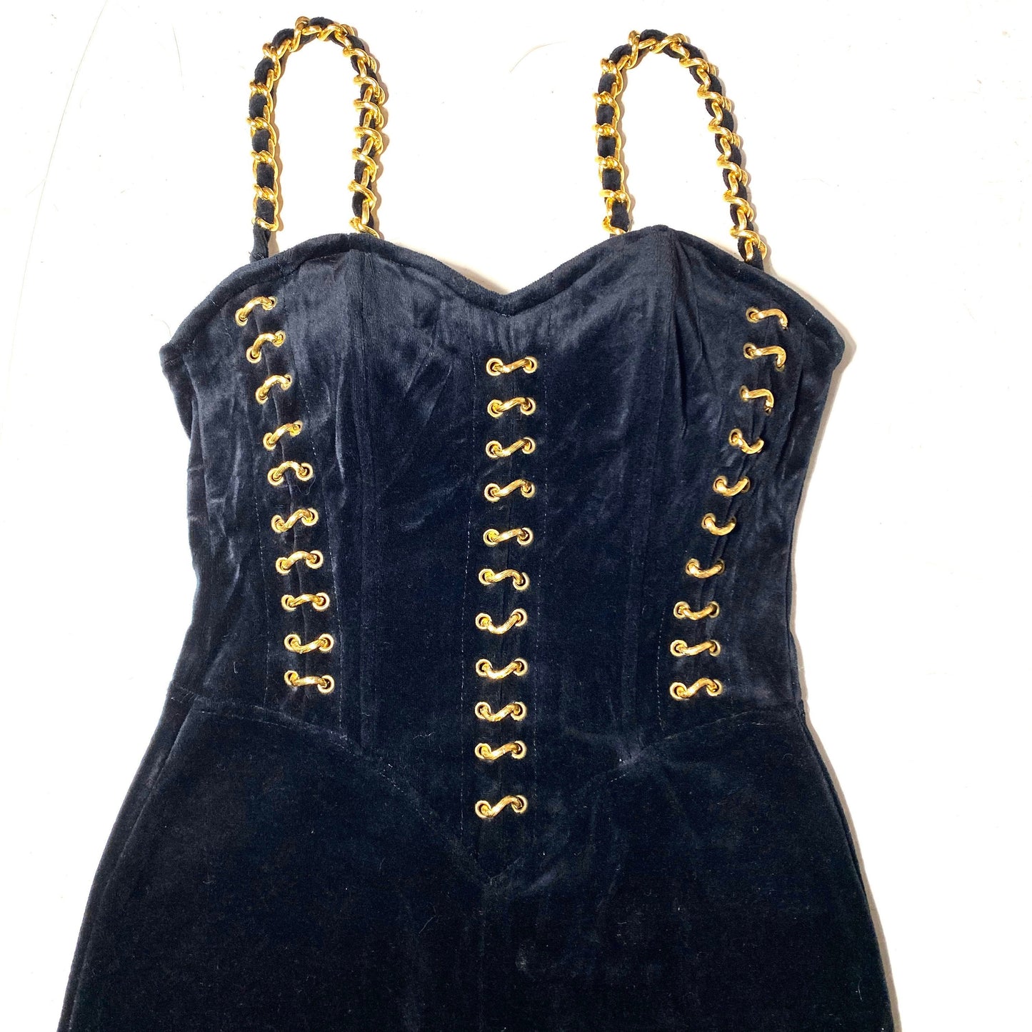 One of a kind hand tailored black velvet & golden chains dress, mint condition 1980s ITA size S