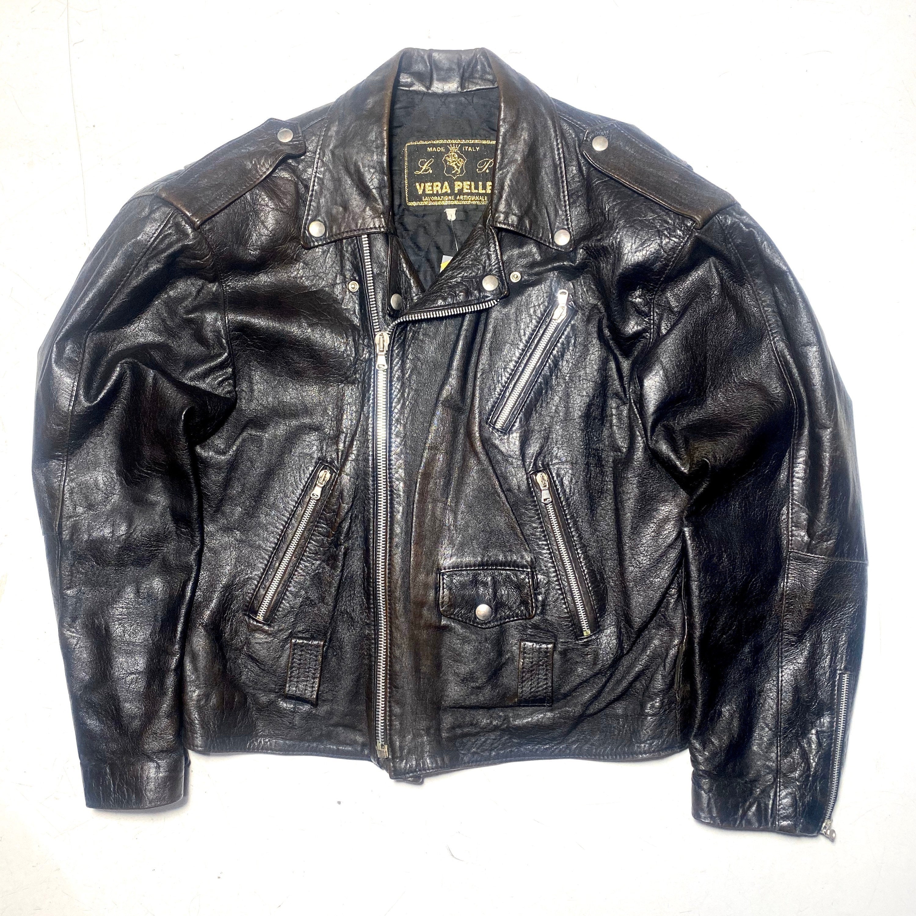 Black lambskin soft leather chiodo jacket made in Italy in the 80s